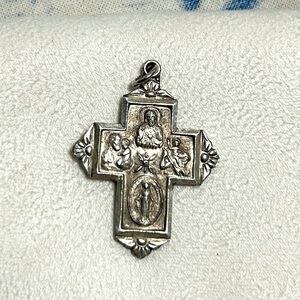 Sterling Silver 4 Panel Catholic Cross Pendant with Patina Vintage Religious